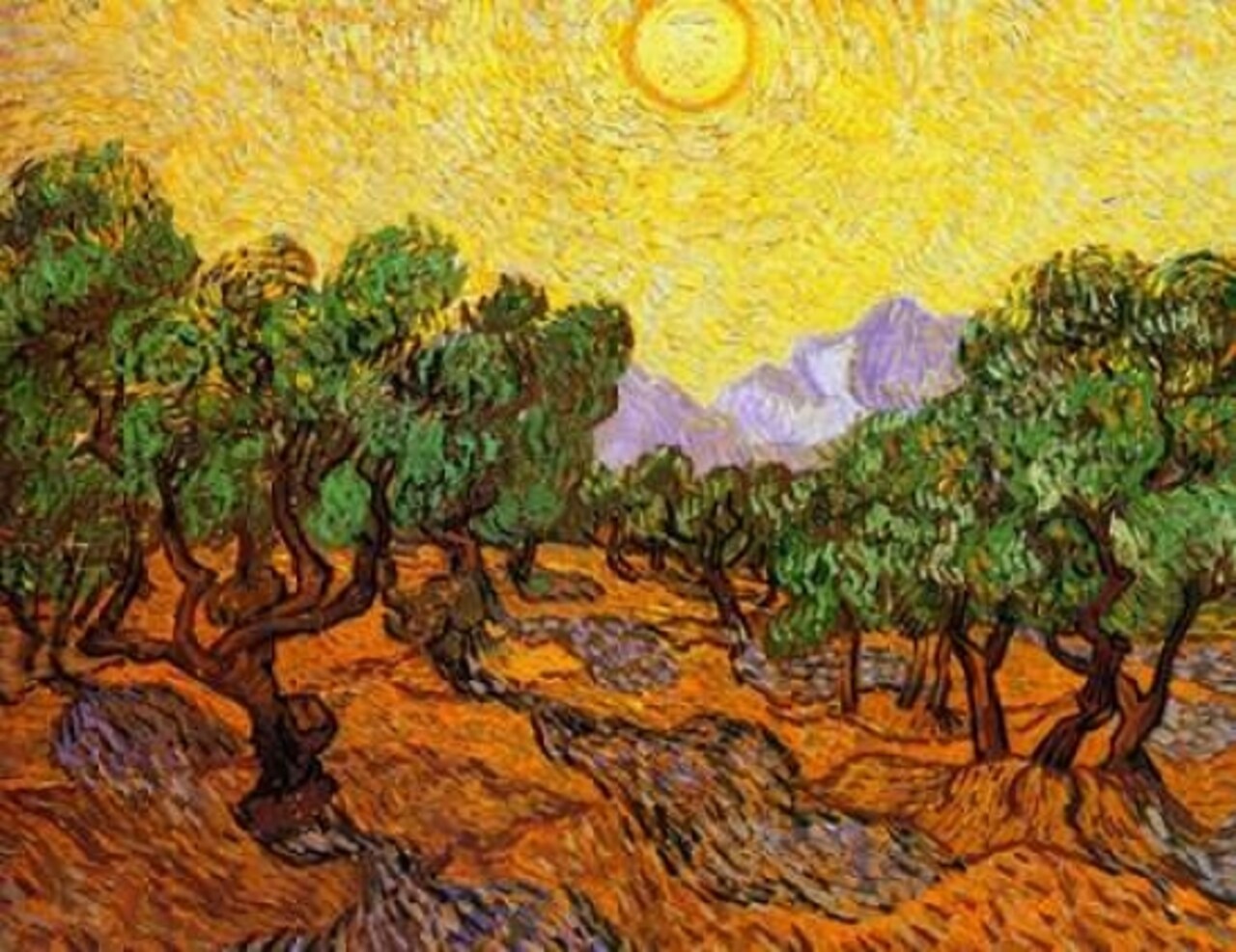 Olive Trees With Yellow Sky And Sun Poster Print by Vincent Van Gogh - Item # VARPDX374523